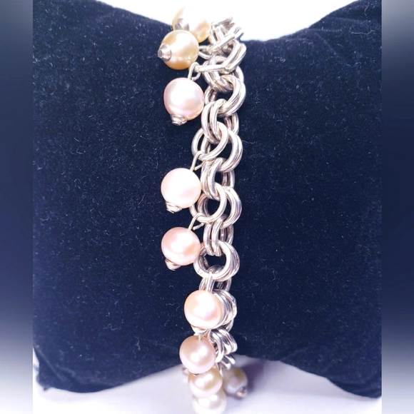 Multi Pearl Dangle Double Link Charm Bracelet 7.5 - Picture 4 of 5